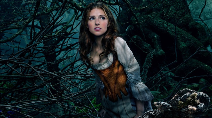 movies, nature, forest, movie pos, looking away, brunette, evening, Into the Woods, actress, Anna Kendrick, branch, trees, girl outdoors, Cinderella, girl, blue eyes, leaves, Walt Disney, white dress, open mouth, long hair, fairies