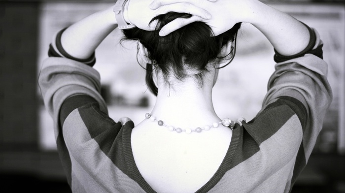 sweater, monochrome, necklace, hands on head, back, girl