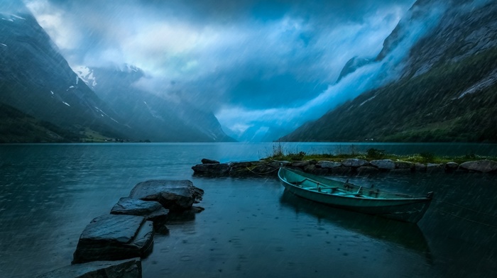 clouds, water, landscape, rain, mountain, nature, boat, lake, mist, blue, Norway