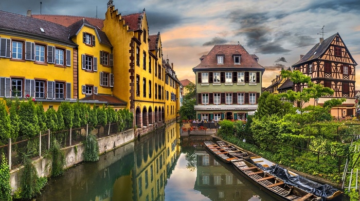 building, reflection, France, old building, water, Colmar, Europe, architecture, canal, boats, city, trees, landscape