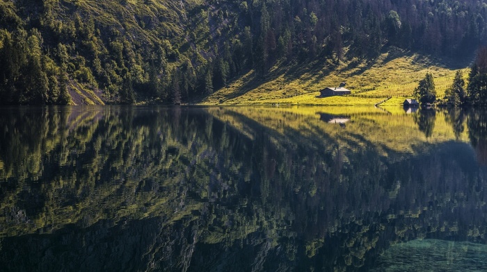 grass, calm, lake, Alps, cabin, water, trees, mountain, landscape, morning, Europe, forest, reflection, nature