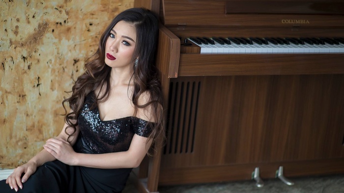 piano, Asian, girl, dress, black dress