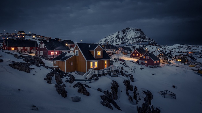 house, landscape, Greenland, overcast, snow, town, dark, night, lights, mountain