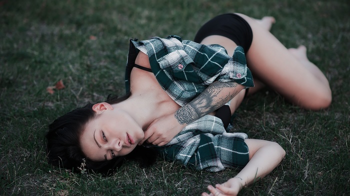 grass, brunette, girl, legs, shirt, tattoo, girl outdoors