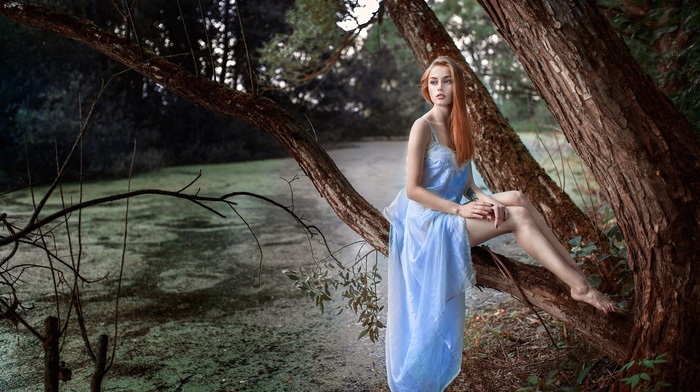 tattoo, looking away, swamp, sitting, skinny, nature, barefoot, model, plants, long hair, blue dress, girl, open mouth, redhead, trees, bare shoulders, branch, girl outdoors