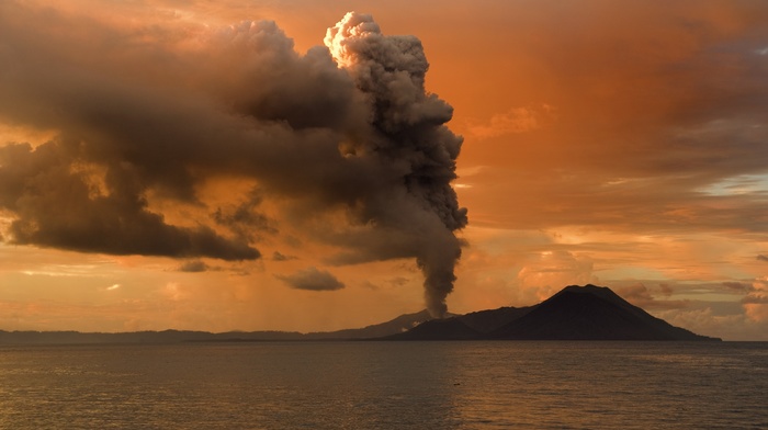 silhouette, hill, eruption, volcano, horizon, landscape, sunset, nature, sea, smoke, Papua New Guinea, trees, water, clouds