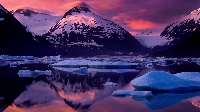 snowy peak, reflection, glaciers, winter, ice, Alaska, sky, nature, water, sunset, mountain, clouds, cold, landscape
