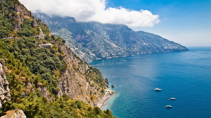 clouds, sea, beach, mountain, nature, Italy, house, cliff, summer, blue, shrubs, landscape, water, coast, yachts