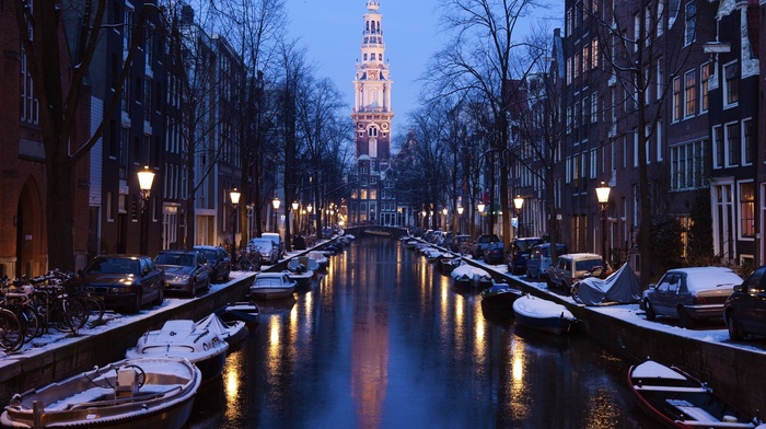 Netherlands, boats, city, river, Amsterdam, street light, car, building, boat