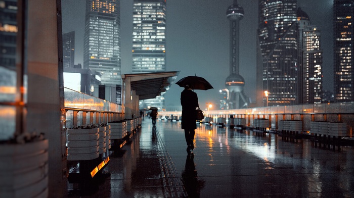 night, skyscraper, tower, Shanghai, city lights, umbrella, rain, city