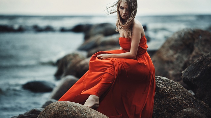feet, red dress, girl, windy, coast, Evgeniy Reshetov, brunette, bare shoulders, model