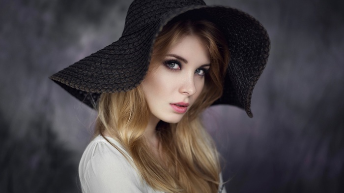 hat, eyes, blonde, looking at viewer, white tops, Irina Popova, long hair, portrait, open mouth, simple background, girl