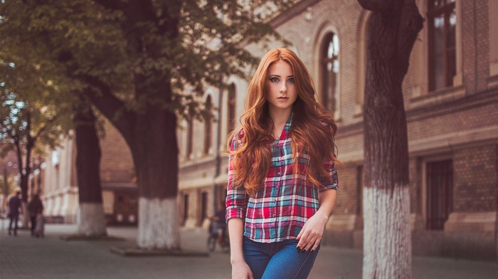 shirt, depth of field, redhead, jeans, girl, long hair, looking at viewer, street, girl outdoors