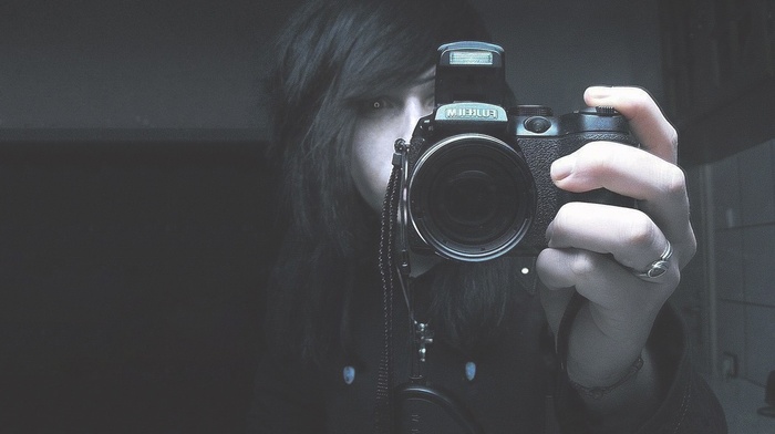 monochrome, looking at viewer, camera, photographers, self shots, girl, black hair, long hair