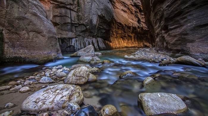 canyon, long exposure, nature, rock, stones, water, river