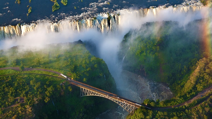 Africa, bridge, nature, aerial view, landscape, waterfall
