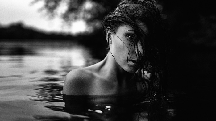 girl, water, monochrome, model, face