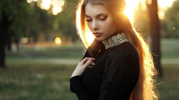 sunset, girl, looking down, portrait, blonde, dress