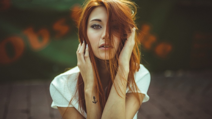 redhead, tattoo, brown eyes, nose rings, face, Victoria Ryzhevolosaya, portrait, girl, open mouth