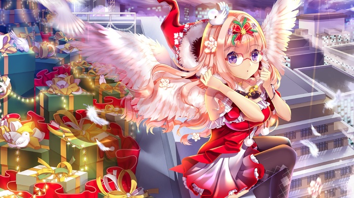 original characters, glasses, Christmas, anime girls, anime, wings