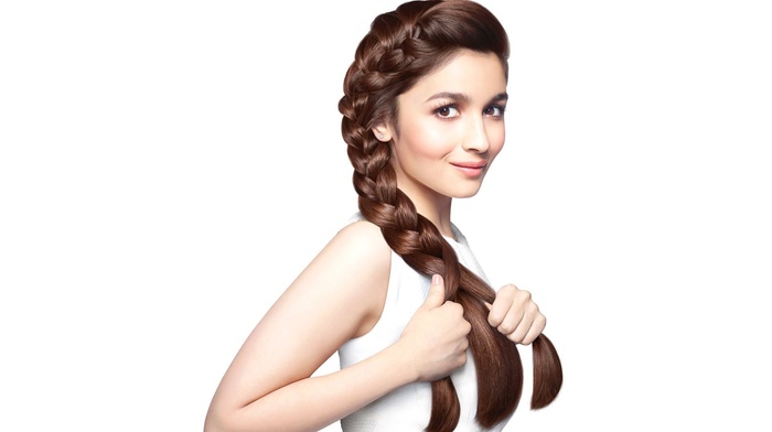 Alia Bhatt, bare shoulders, portrait, tank top, actress, braids, brunette, face, white background, looking at viewer, girl, smiling, brown eyes