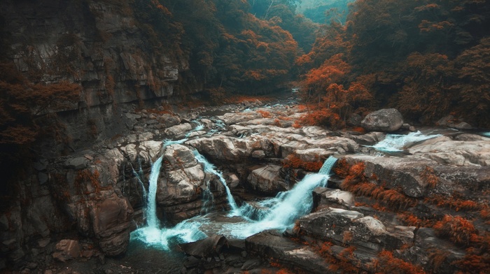 Taiwan, river, nature, shrubs, fall, forest, mist, waterfall, trees, landscape