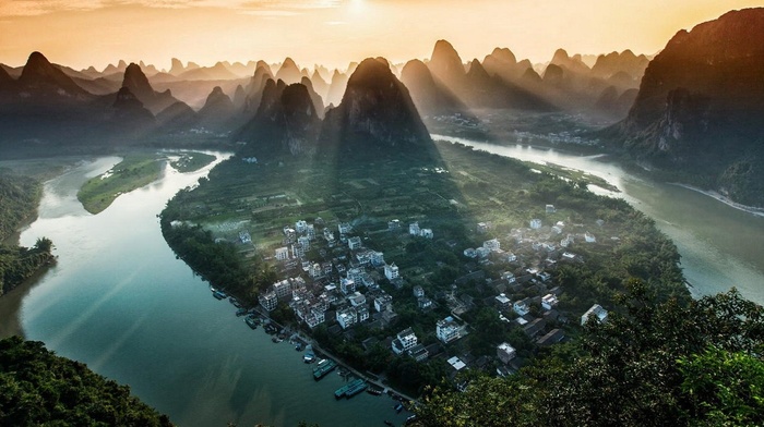 mountain, nature, landscape, village, river, China, sun rays, mist, sunset