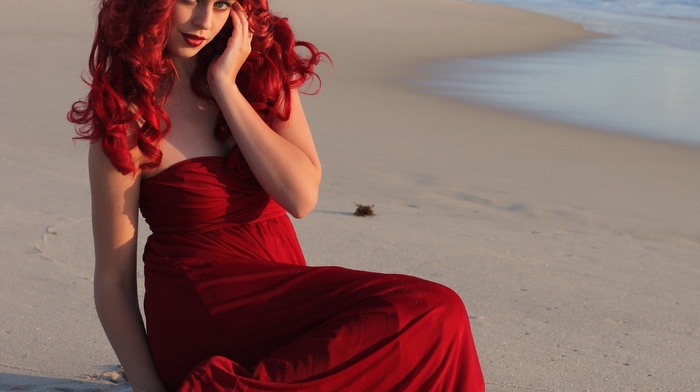 beach, redhead, model, girl outdoors, dress, girl