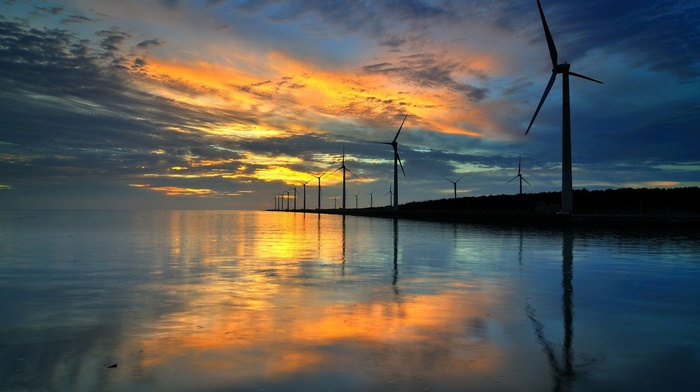 nature, wind turbine, reflection, sunset