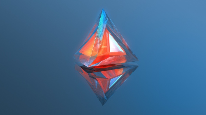 geometry, abstract, reflection, warm colors, digital art, triangle, blue background, mkbhd, minimalism, 3D