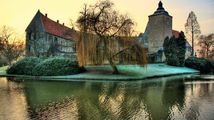 nature, reflection, Germany, castle, grass, sunset, winter, landscape, HDR, tower, architecture, water, trees