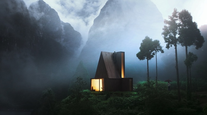 nature, trees, mist, house, mountain