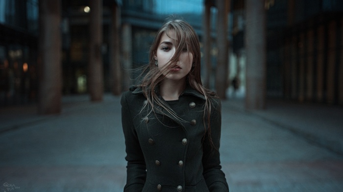 Georgiy Chernyadyev, brunette, girl, hair in face, muted, girl outdoors, looking at viewer, depth of field