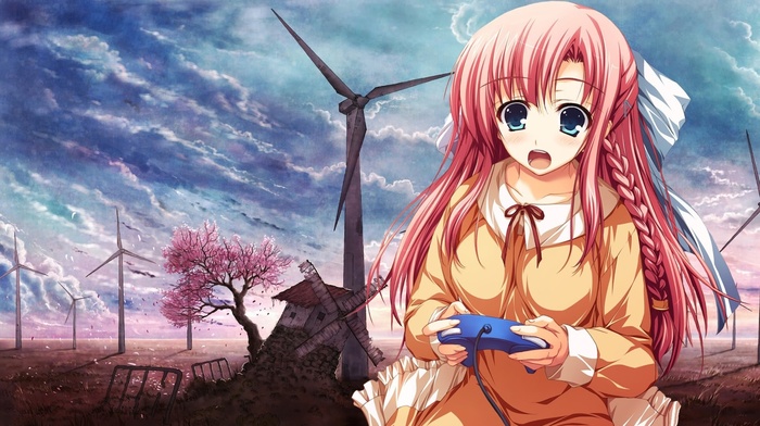anime girls, braids, windmills, pink hair, cherry blossom, controllers, wind turbine