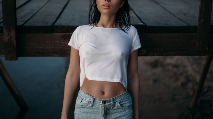 girl, portrait, wet body, jean shorts, boobs, skinny, flat belly, nipples through clothing, wet clothing, wet hair