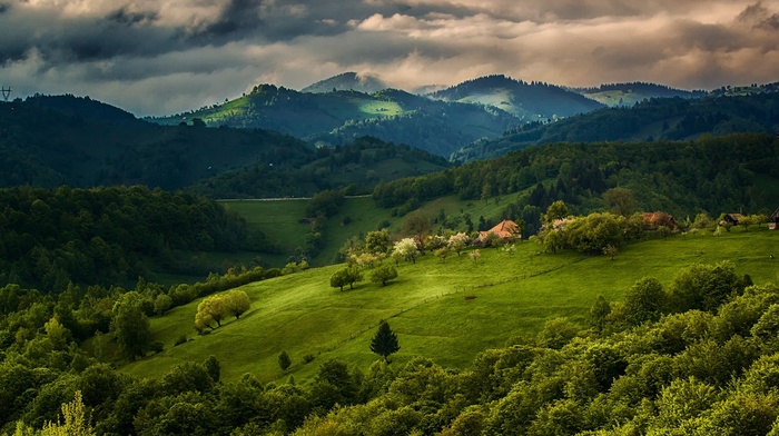 clouds, spring, green, forest, trees, landscape, mountain, grass, nature, field, sky, house