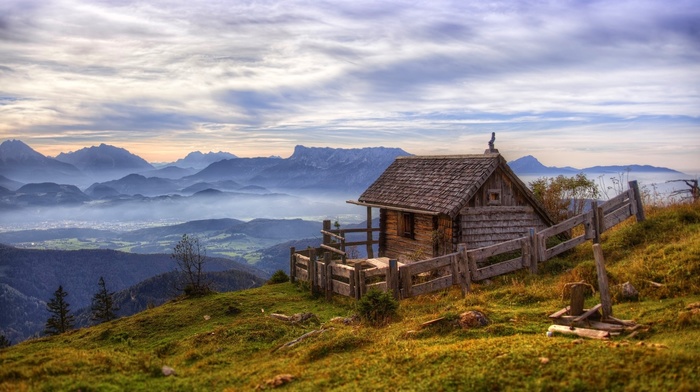 landscape, mist, Austria, nature, cottage, sunrise, mountain, fence, valley, clouds, cabin, grass, Salzburg