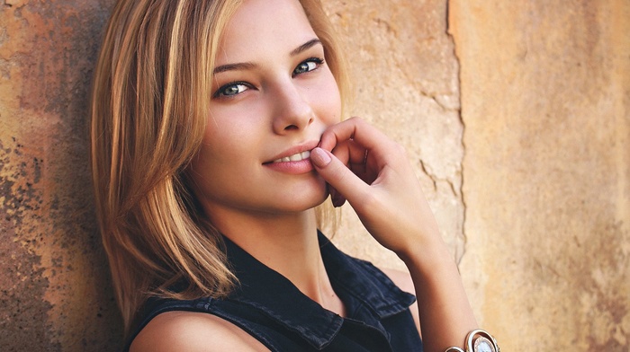 girl, looking at viewer, Kristina Nevskaya, blonde, model, finger in mouth, smiling, portrait