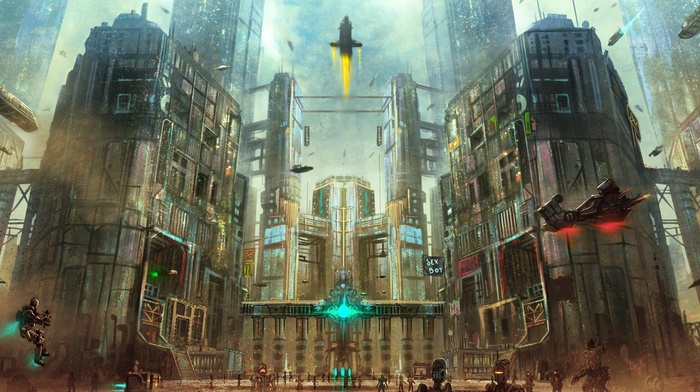fantasy art, rockets, futuristic, flying, building, cyberpunk, lights, digital art, skyscraper, street, robot, city, spaceship