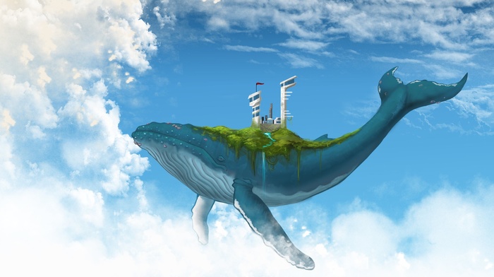 stream, sky, floating, building, waterfall, nature, clouds, fantasy art, animals, whale, futuristic, digital art