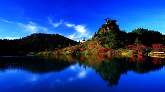 hill, Japan, rock, trees, fall, water, lake, forest, colorful, nature, horizon, landscape, reflection, clouds