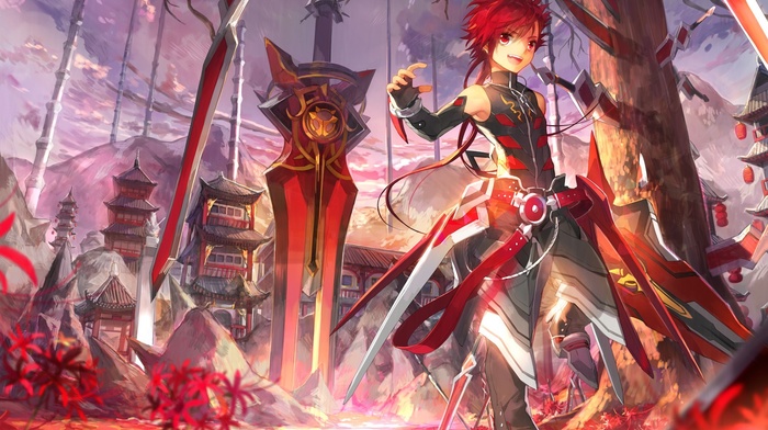 anime, redhead, video game characters, sword, Elsword