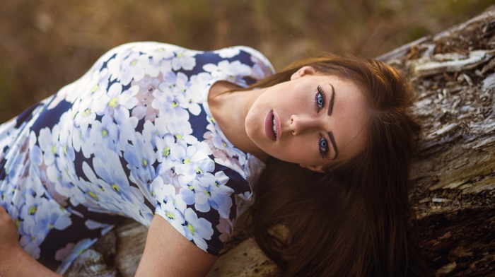 model, girl outdoors, brunette, blue eyes, dress, James Allen Stewart, girl