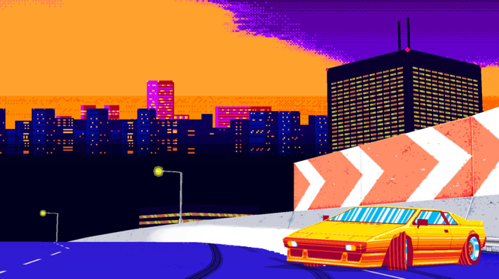 Freeway, Lamborghini, city, sunset, 8, bit