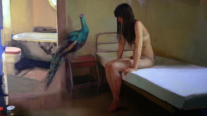 painting, artwork, bathtub, brunette, white underwear, birds, alone, peacocks, sitting