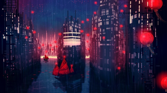 night, lantern, junk, city, rain