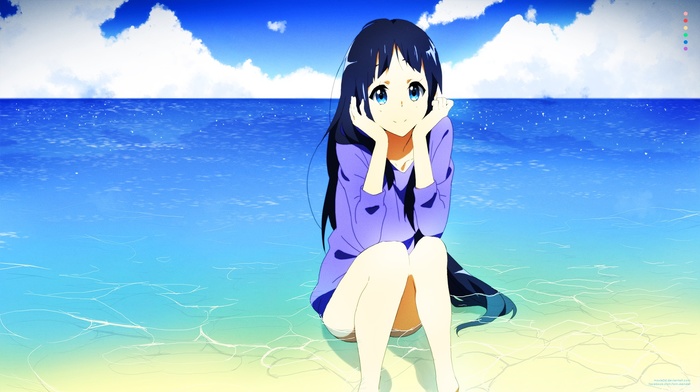 long hair, anime girls, Tom Skender, beach, original characters, water, black hair, blue eyes, sitting