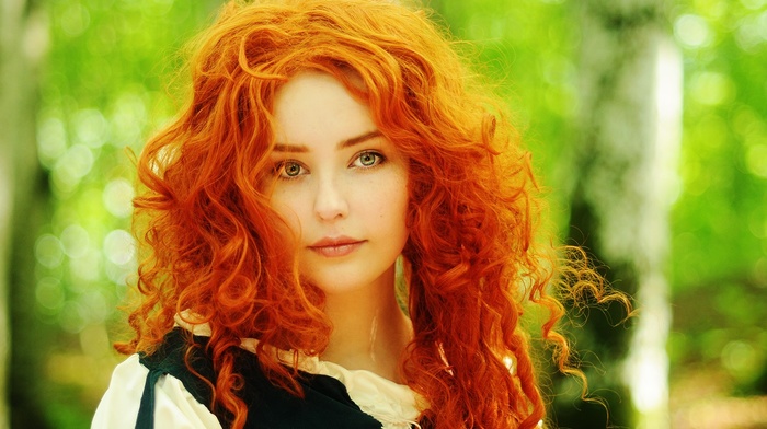 cosplay, curly hair, redhead, Brave, blurred, blue eyes, face, girl