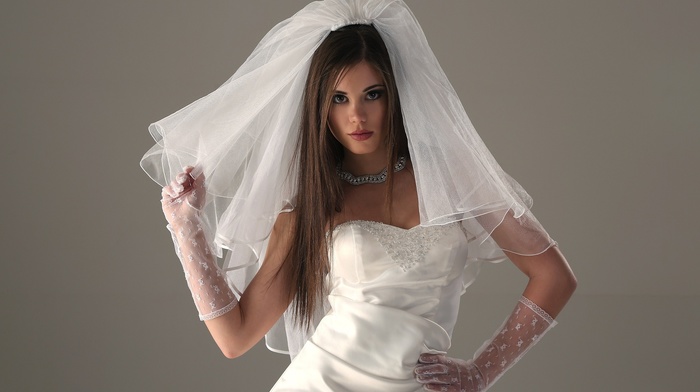 girl, veils, brunette, long hair, wedding dress, simple background, pornstar, model