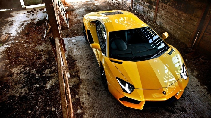 dirt, sports car, vehicle, yellow, wood, car, Lamborghini Aventador, garages, reflection